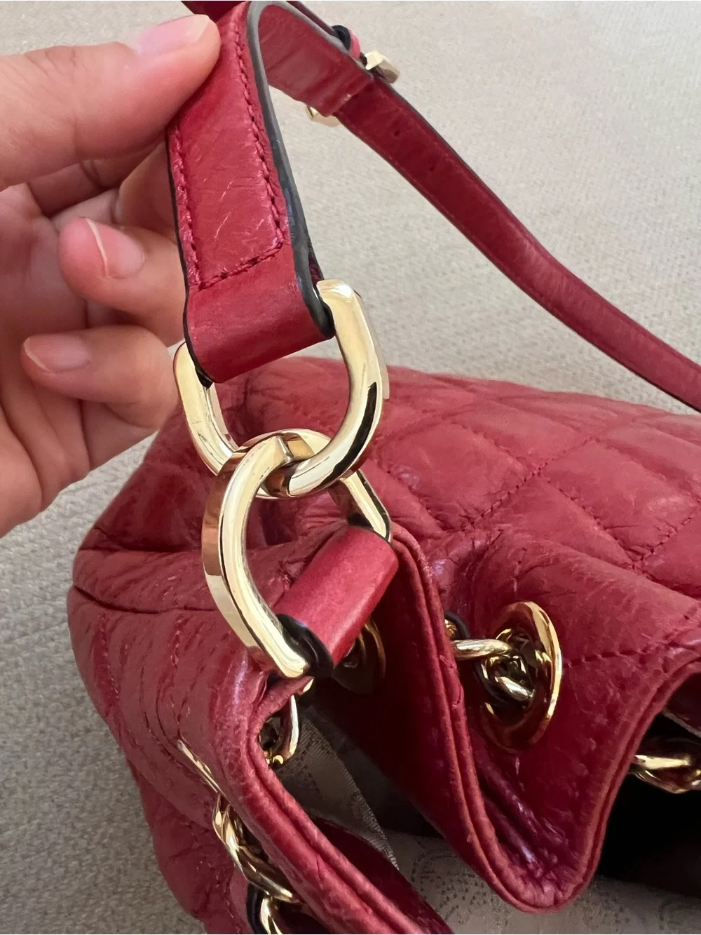 Michael Kors Quilted Red Leather Drawstring Hobo with Gold Chain